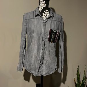 Celebrity Pink faded grey chambray button down shirt Aztec front pocket.…